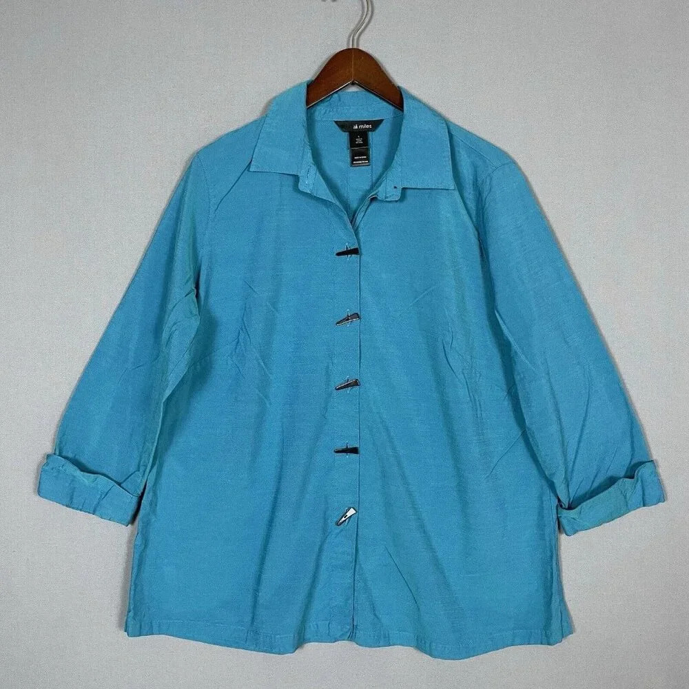 Ali Miles Button Up Shirt Tunic Top Womens Size Large L 3/4 Sleeve Blue Artsy